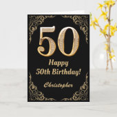 50誕生日ブラックおよび金ゴールドグリッターフレーム カード (黄色い花)
