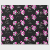 50誕生日ブラックとピンクのグリッターバルーン ラッピングペーパー (フラット)