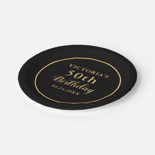 50誕生日ブラックと金ゴールド ペーパープレート (アングル)