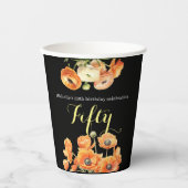 50誕生日ブラックエレガントオレンジフローラパーティー 紙コップ (正面)