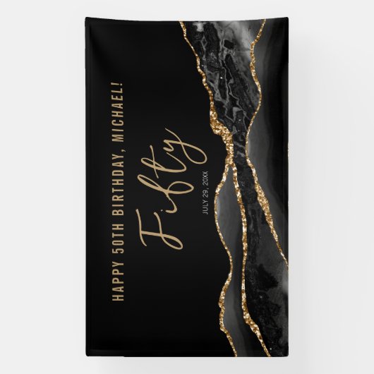 50誕生日ブラックエレガント金ゴールドゲート旗 横断幕 (縦)