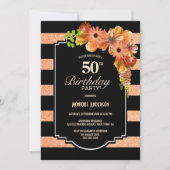 50誕生日ブラックストライプのオレンジフローラパーティー 招待状 (正面)