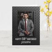 50誕生日ブラック幾何学模様カスタム写真 カード (黄色い花)
