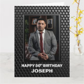 50誕生日ブラック幾何学模様カスタム写真 カード (黄色い花)