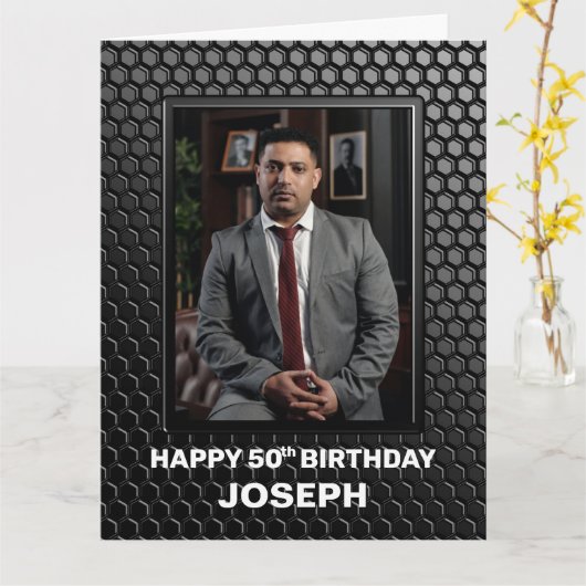 50誕生日ブラック幾何学模様カスタム写真 カード (黄色い花)
