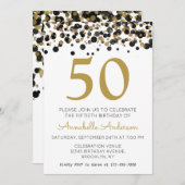 50誕生日ブラック金ゴールドグリッタースパークル紙吹雪 招待状 (正面/裏面)
