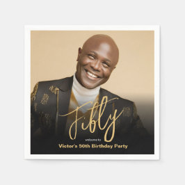 50誕生日ブラック金ゴールドシモダンックカスタムフォト スタンダードカクテルナプキン