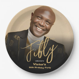50誕生日ブラック金ゴールドシモダンックカスタムフォト ペーパープレート