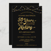 50誕生日ブラック金ゴールドストリングライト 招待状 (正面/裏面)