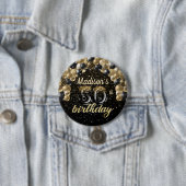 50誕生日ブラック金ゴールドバルーングリッターボタン 缶バッジ (インサイチュ)