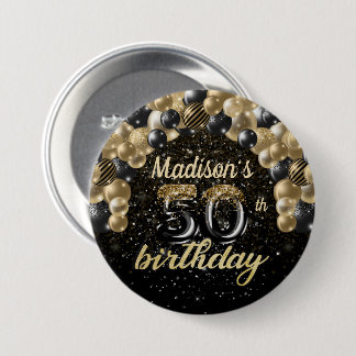 50誕生日ブラック金ゴールドバルーングリッターボタン 缶バッジ