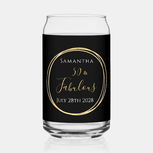 50誕生日ブラック金ゴールドパーソナライズされたパーティーの好意 ガラス缶 (正面)