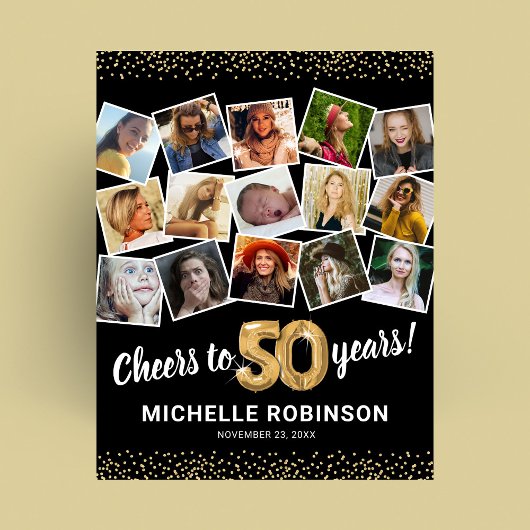 50誕生日ブラック金ゴールドフォトパーティー ポスター