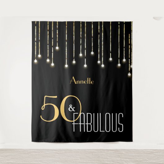 50誕生日ブラック金ゴールドフォトブース背景 タペストリー (正面)