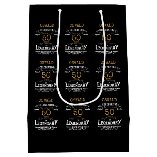 50誕生日ブラック金ゴールドレジェンダリーレトロ ミディアムペーパーバッグ (裏面)