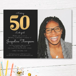 50誕生日ブラック金ゴールド写真テンプレート招待状 招待状