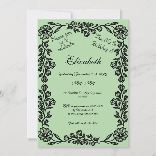 50誕生日ブラック&グリーン淡い色のボタニカルフローラ 招待状 (正面)