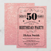 50誕生日ブラック&ピンクローズ金ゴールドグリッター 招待状 (正面/裏面)