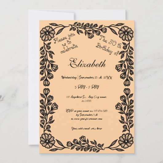 50誕生日ブラック&ピーチボタニカルフローラ 招待状 (正面)