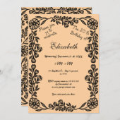 50誕生日ブラック&ピーチボタニカルフローラ 招待状 (正面/裏面)