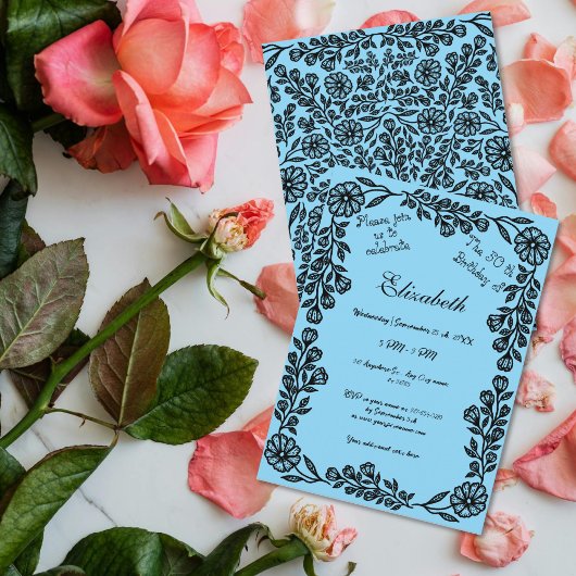 50誕生日ブラック&ブルーボタニカルフローラ 招待状