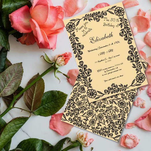 50誕生日ブラック&ベージュボタニカルフローラ 招待状