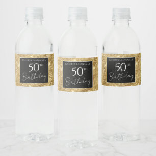 50誕生日ブラック&金ゴールドきらめく ペットボトルラベル