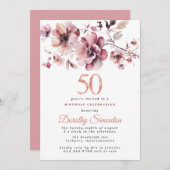 50誕生日ブルゴーニュ埃っぽい赤面ピンクフローラ 招待状 (正面/裏面)