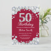 50誕生日ブルゴーニュ赤と銀ダイヤモンド 招待状 (スタンド正面)