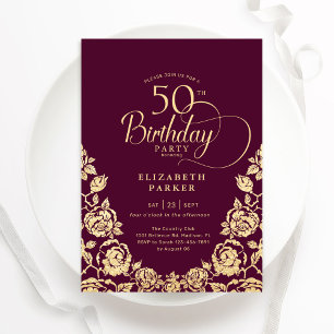 50誕生日ブルゴーニュ金ゴールドバラ 招待状