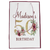 50誕生日ブルゴーニュ金ゴールドフローラ パーソナライズされた ミディアムペーパーバッグ (正面)