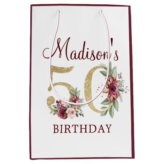 50誕生日ブルゴーニュ金ゴールドフローラ パーソナライズされた ミディアムペーパーバッグ (正面)