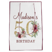 50誕生日ブルゴーニュ金ゴールドフローラ パーソナライズされた ミディアムペーパーバッグ (裏面)