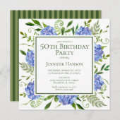 50誕生日ブルーアジサイフローラ水彩 招待状 (正面/裏面)