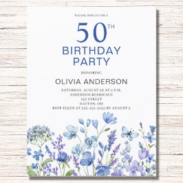 50誕生日ブルーフローラ招待状 ポストカード