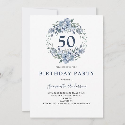 50誕生日ブルーフローラ植物学招待状 招待状 (正面)