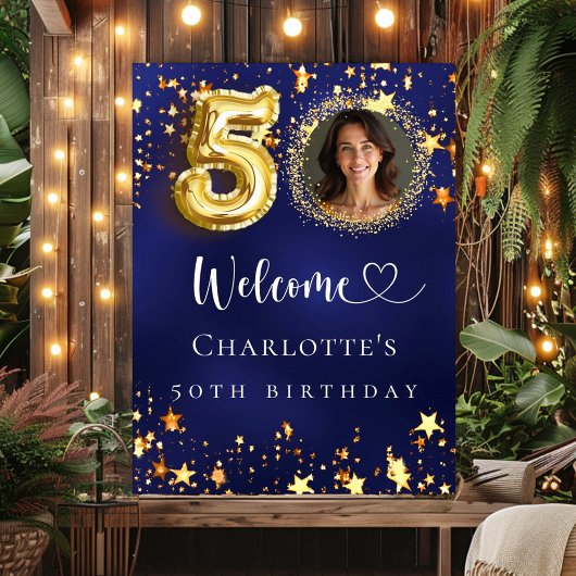 50誕生日ブルー金ゴールド星写真ようこそ ポスター