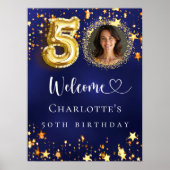 50誕生日ブルー金ゴールド星写真ようこそ ポスター (正面)