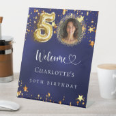 50誕生日ブルー金ゴールド星写真ようこそ 台座サイン (インサイチュ)