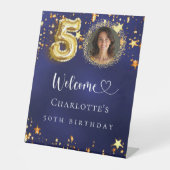 50誕生日ブルー金ゴールド星写真ようこそ 台座サイン (正面)