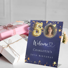 50誕生日ブルー金ゴールド星写真ようこそ 台座サイン