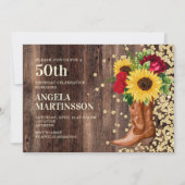 50誕生日ブーツ素朴スサンフラワーレッドローズ 招待状 (正面)