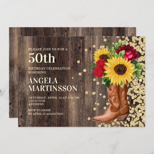 50誕生日ブーツ素朴スサンフラワーレッドローズ 招待状 (正面/裏面)