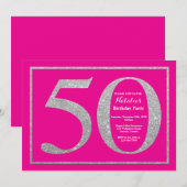 50誕生日ホットピンクとシルバーグリッター 招待状 (正面/裏面)