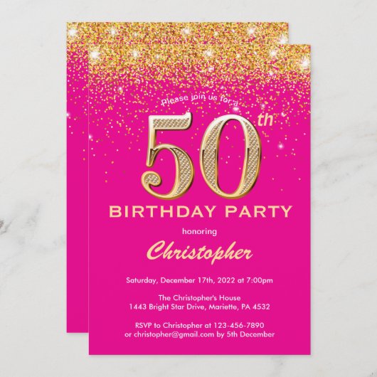 50誕生日ホットピンクと金ゴールドグリッター紙吹雪 招待状 (正面/裏面)