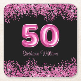 50誕生日ホットピンクバルーングリッターパーティー スクエアペーパーコースター