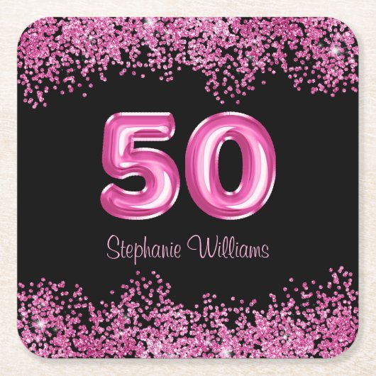 50誕生日ホットピンクバルーングリッターパーティー スクエアペーパーコースター (正面)