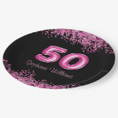50誕生日ホットピンクバルーングリッターパーティー ペーパープレート (アングル)