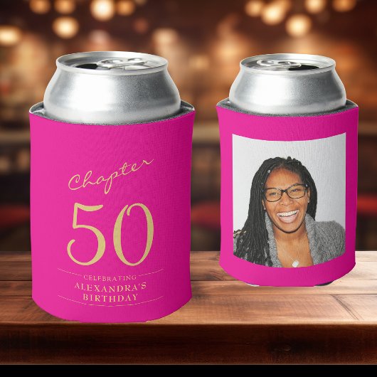 50誕生日ホットピンク金ゴールド写真テンプレート 缶クーラー