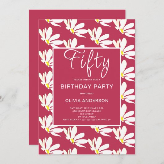 50誕生日ホワイトフローラデイジー 招待状 (正面/裏面)